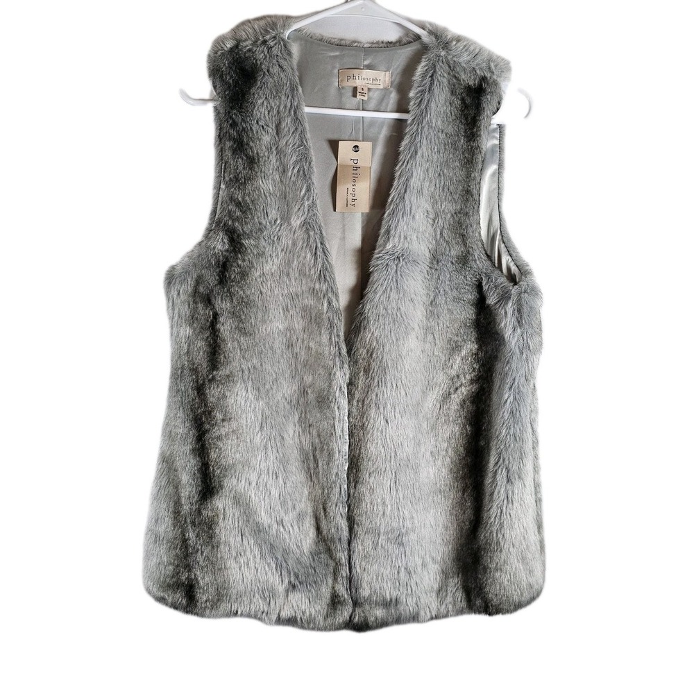 NWT Philosophy Womens Small Lined FAUX FUR Vest GRAY‎ WITH POCKETS